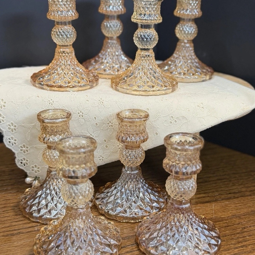 Gold Glass Candlestick Holders Diamond Pattern Wedding Decor Set Of 8